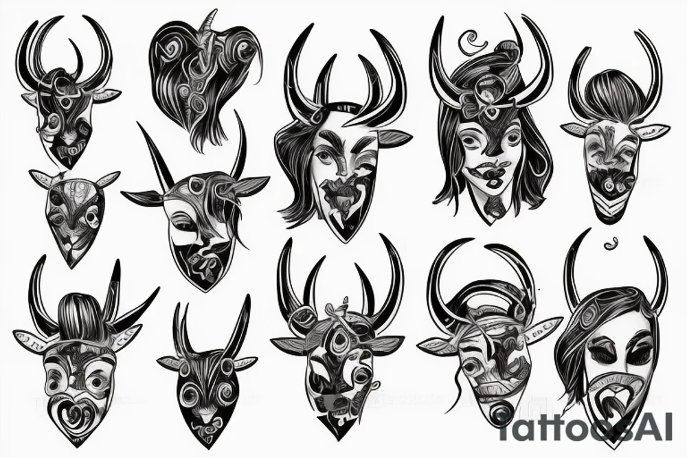 girls face with taurus horns choking on a heart tattoo idea