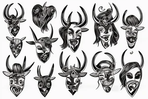girls face with taurus horns choking on a heart tattoo idea