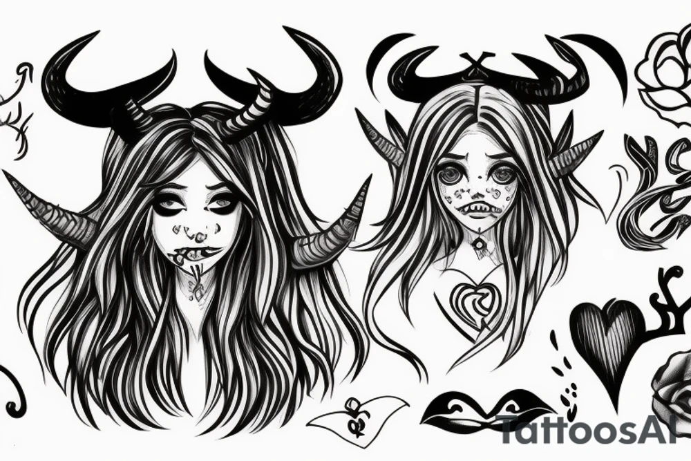 girl with demon horns swallowing heart tattoo idea