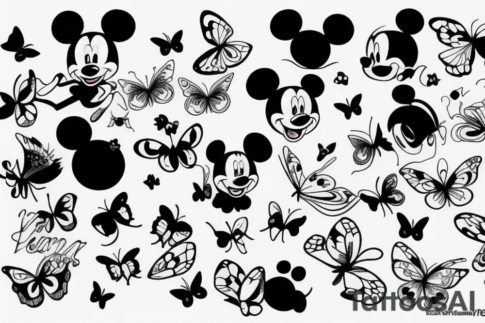 Mickey silhouette, butterfly, moon tattoo idea