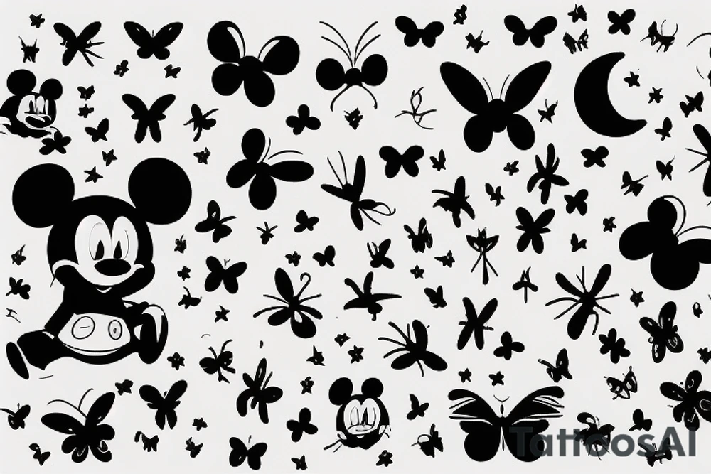 Mickey silhouette, butterfly, moon tattoo idea