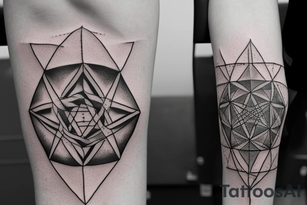"Generate a half-arm tattoo, black and white, design that features Metatron's Cube as the central element. The design should be intricate and detailed, with the cube taking up most of the space on the arm. The cube should be depicted in shades of blue or purple, with intricate geometric patterns that radiate outwards from the center of the cube. The design should also incorporate other symbols or elements that hold personal significance to the individual, such as the flower of life, the infinity symbol, or other sacred geometry motifs. The overall effect should be one of balance, harmony, and spiritual connection. The design should be suitable for a half-arm tattoo and should wrap around the arm in a way that complements the natural contours of the body." tattoo idea