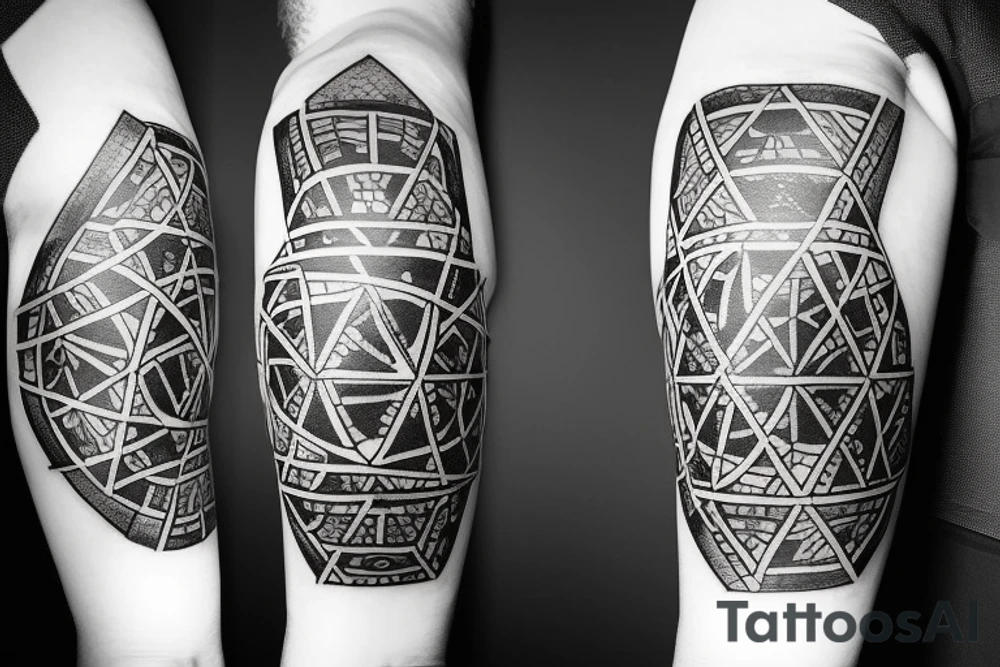 "Generate a half-arm tattoo, black and white, design that features Metatron's Cube as the central element. The design should be intricate and detailed, with the cube taking up most of the space on the arm. The cube should be depicted in shades of blue or purple, with intricate geometric patterns that radiate outwards from the center of the cube. The design should also incorporate other symbols or elements that hold personal significance to the individual, such as the flower of life, the infinity symbol, or other sacred geometry motifs. The overall effect should be one of balance, harmony, and spiritual connection. The design should be suitable for a half-arm tattoo and should wrap around the arm in a way that complements the natural contours of the body." tattoo idea
