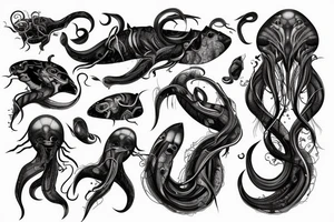 a cyber colossal squid with glitch effect and smoke patterns tattoo idea