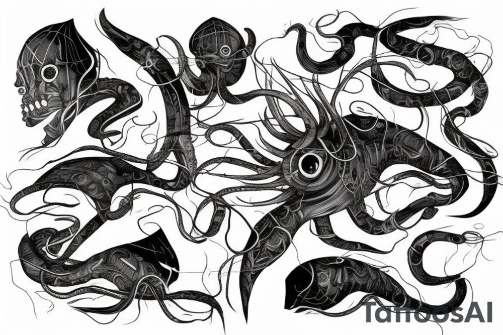 a cyber colossal squid with glitch effect and smoke patterns tattoo idea