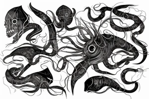 a cyber colossal squid with glitch effect and smoke patterns tattoo idea