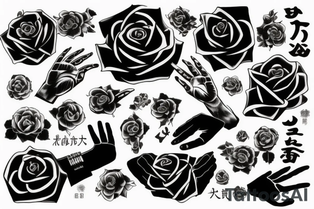 Black rose over palm of hand with black style background of japanese characters tattoo idea