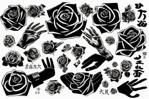 Black rose over palm of hand with black style background of japanese characters tattoo idea
