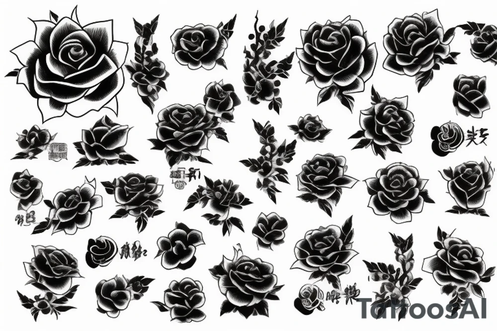 Black rose over palm of hand with black style background of japanese characters tattoo idea
