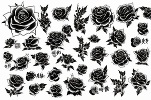 Black rose over palm of hand with black style background of japanese characters tattoo idea