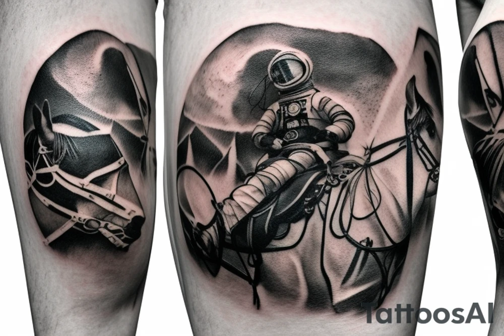 Cowboy astronaut riding a horse with landscape reflected in his helmet tattoo idea