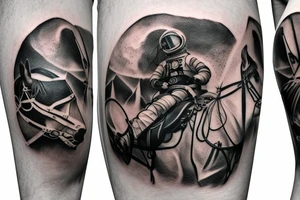 Cowboy astronaut riding a horse with landscape reflected in his helmet tattoo idea