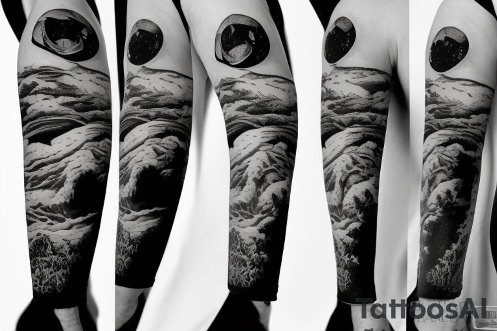 Cowboy astronaut riding a horse with landscape reflected in his helmet tattoo idea