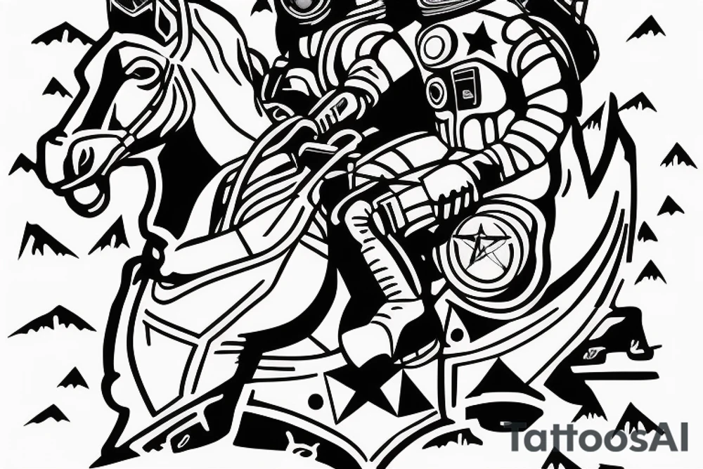 Cowboy astronaut riding a horse with landscape reflected in his helmet tattoo idea