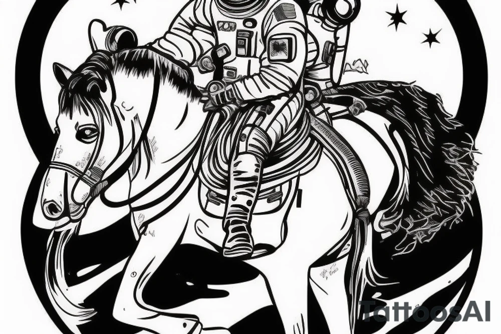 Cowboy astronaut riding a horse with landscape reflected in his helmet tattoo idea