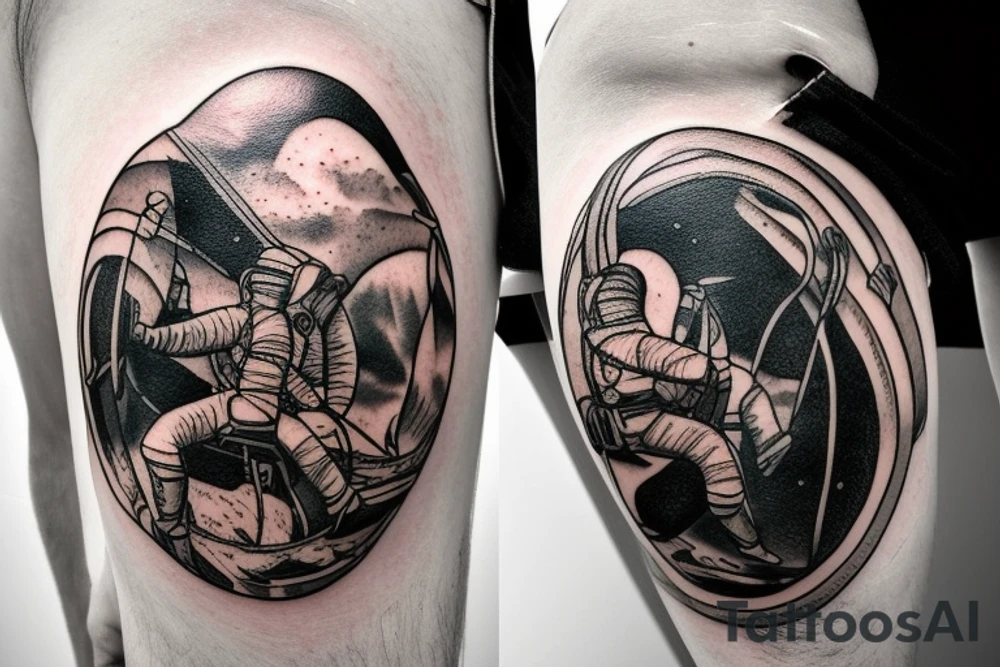 Cowboy astronaut riding a horse with landscape reflected in his helmet tattoo idea