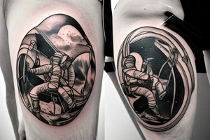 Cowboy astronaut riding a horse with landscape reflected in his helmet tattoo idea