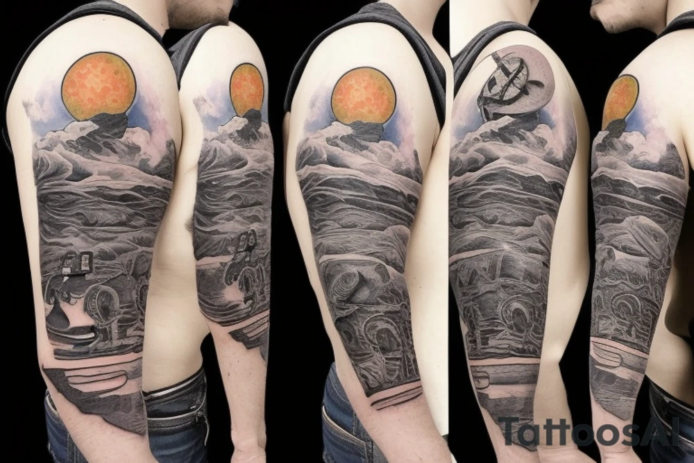 Cowboy astronaut riding a horse with landscape reflected in his helmet tattoo idea