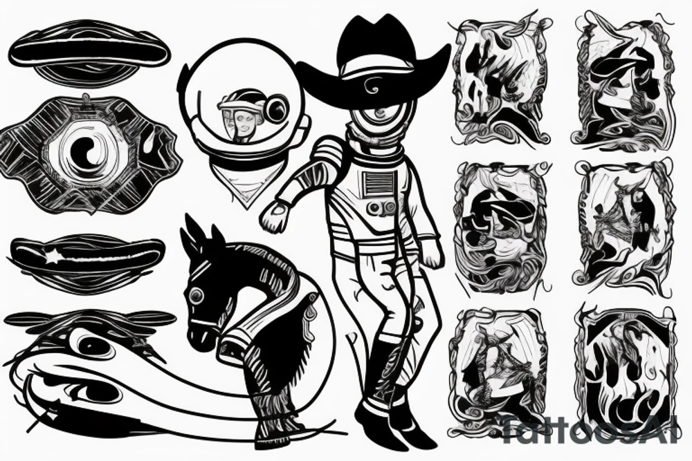 Cowboy astronaut riding a horse with landscape reflected in his helmet tattoo idea