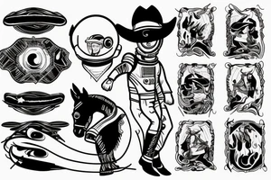 Cowboy astronaut riding a horse with landscape reflected in his helmet tattoo idea