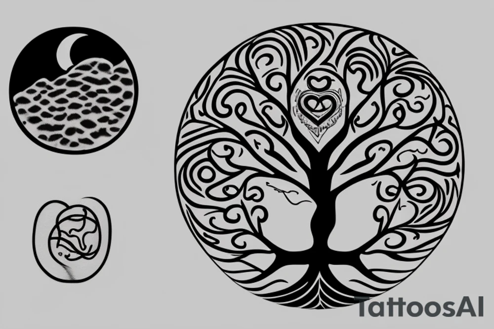 A tree of life with a half brain half heart on top of it with some random lines e same planets tattoo idea
