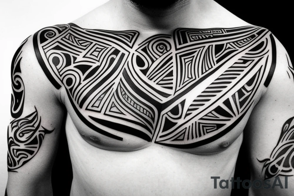 modern tribal style tatto on hand and part of the chest tattoo idea