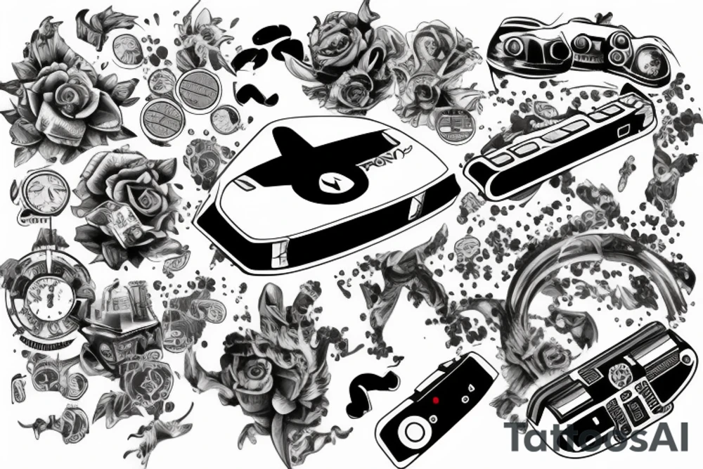 Half sleeve with a jets, money, and PlayStation tattoo idea