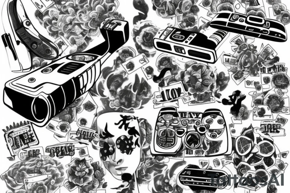 Half sleeve with a jets, money, and PlayStation tattoo idea