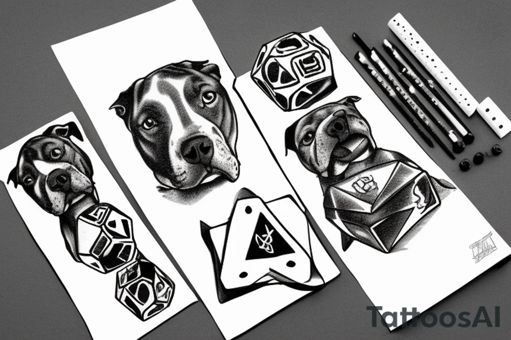 Pit bull with a jet flying over and dice on the ground tattoo idea