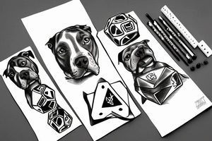 Pit bull with a jet flying over and dice on the ground tattoo idea