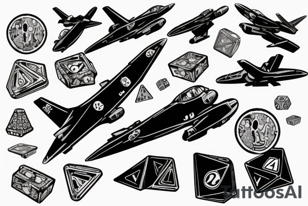 Pit bull with a jet flying over and dice on the ground tattoo idea