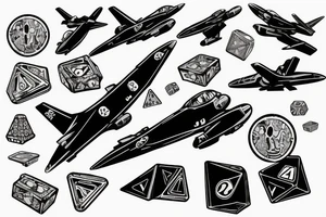 Pit bull with a jet flying over and dice on the ground tattoo idea