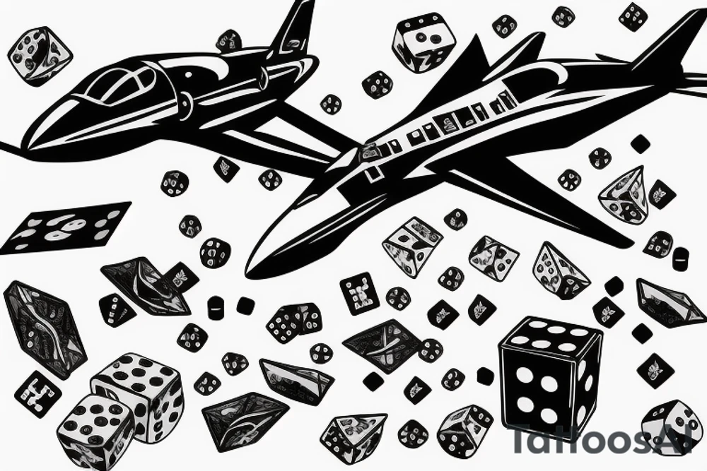 Pit bull with a jet flying over and dice on the ground tattoo idea