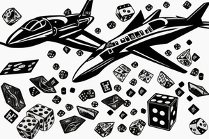 Pit bull with a jet flying over and dice on the ground tattoo idea