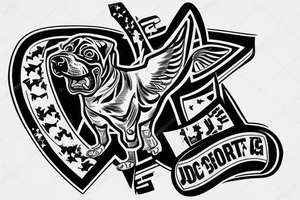 Pit bull with a jet flying over and dice on the ground tattoo idea