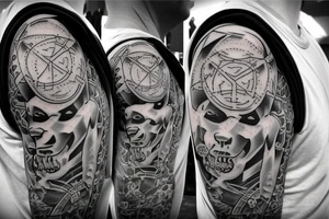 Pit bull with a jet flying over and dice on the ground tattoo idea