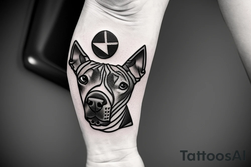 Pit bull with a jet flying over and dice on the ground tattoo idea