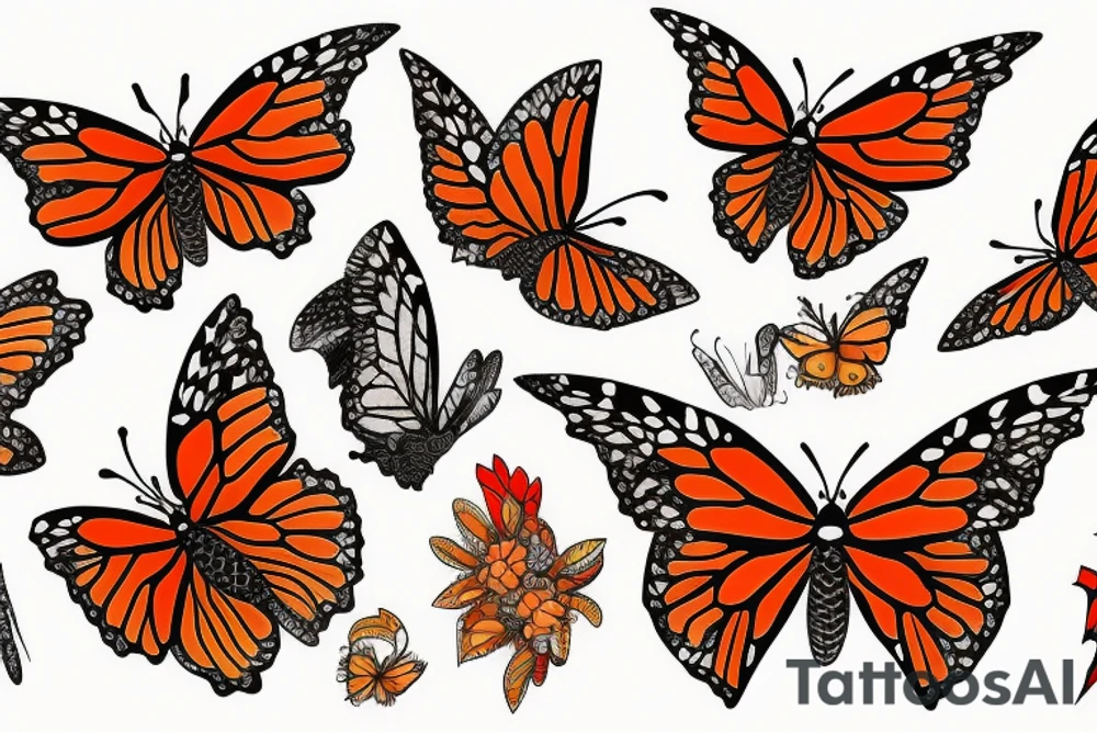 red dragon on back with monarch butterflies whose wings are half made of flowers tattoo idea