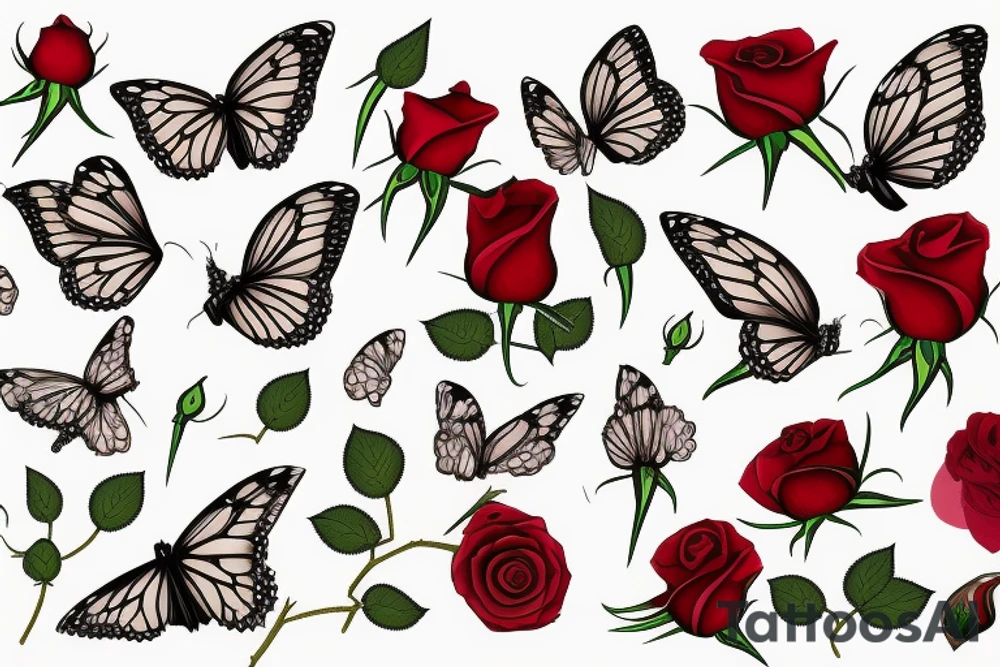 stages of a rose bud growing but the rose petals are monarch butterfly wings tattoo idea