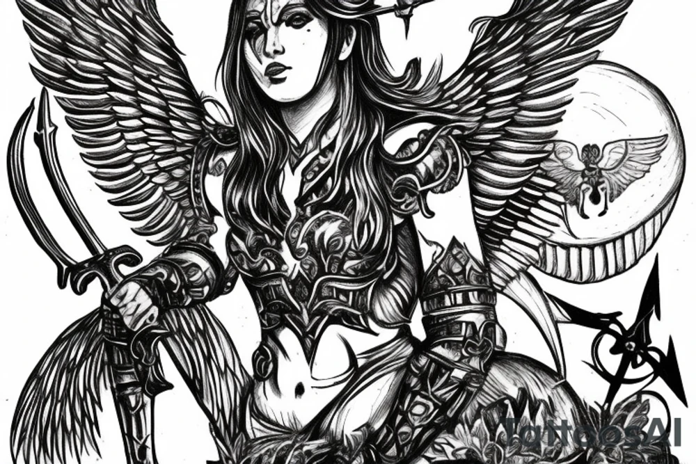 Warrior angel with armor and sword with his wings spread tattoo idea Warrior angel with armor and sword with his wings spread tattoo idea