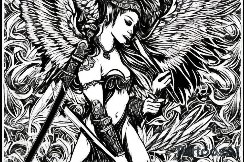 Warrior angel with armor and sword with his wings spread tattoo idea