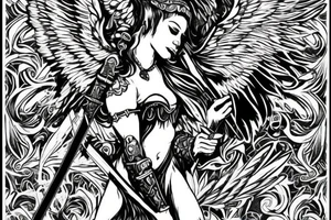 Warrior angel with armor and sword with his wings spread tattoo idea