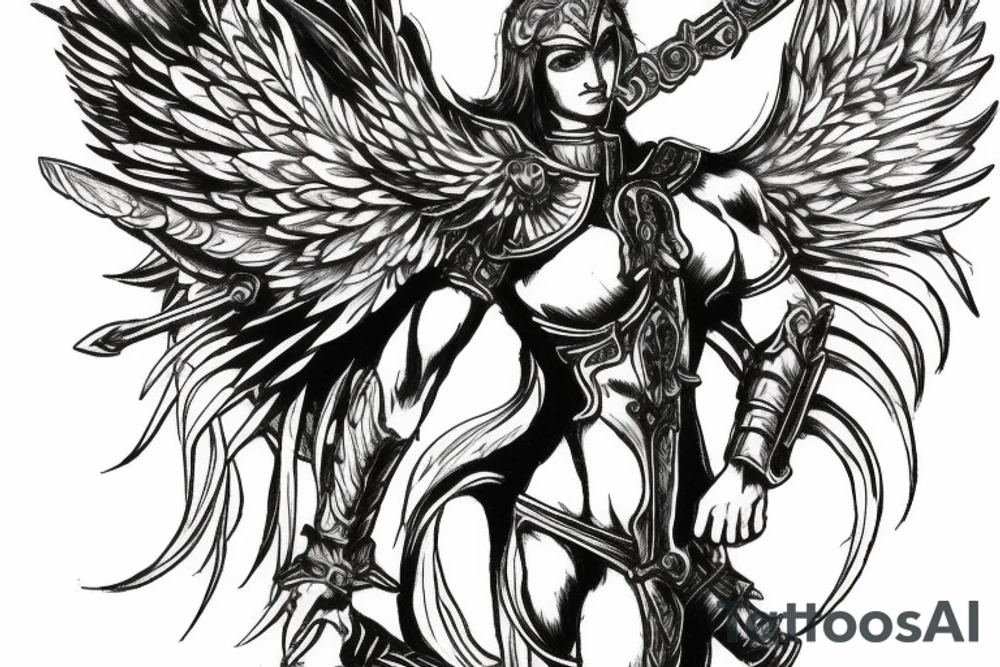 Warrior angel with armor and sword with his wings spread tattoo idea