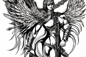 Warrior angel with armor and sword with his wings spread tattoo idea