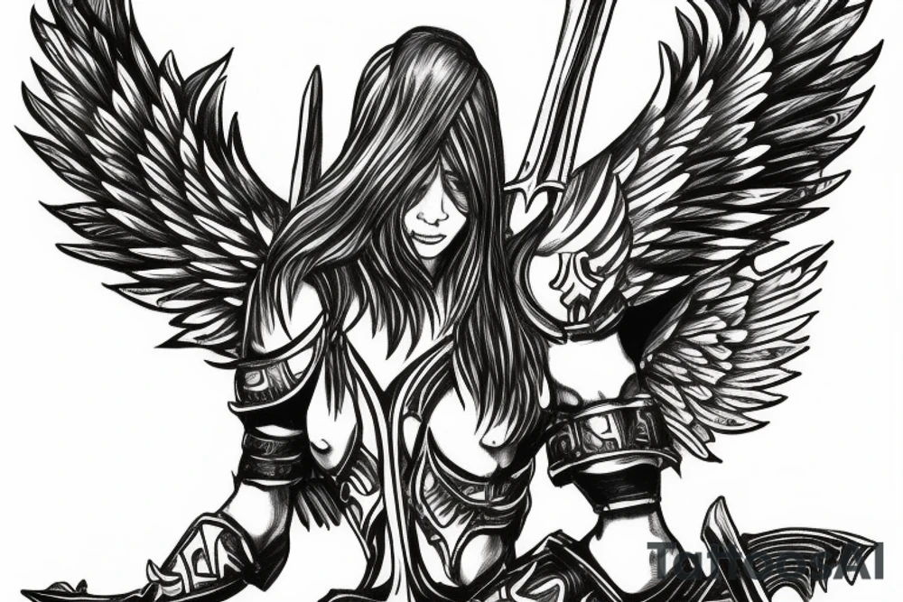 Warrior angel with armor and sword with his wings spread tattoo idea