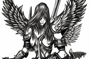 Warrior angel with armor and sword with his wings spread tattoo idea