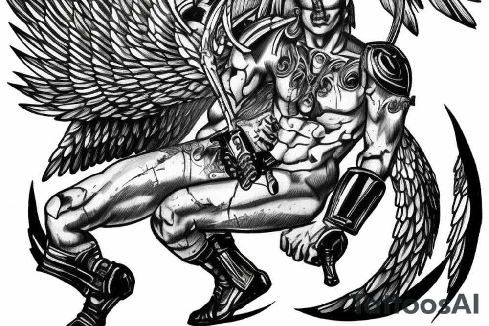 Male armored angel looking beat down from battle tattoo idea