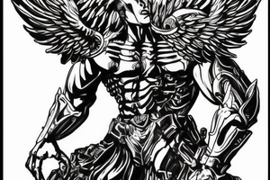 Male armored angel looking beat down from battle tattoo idea