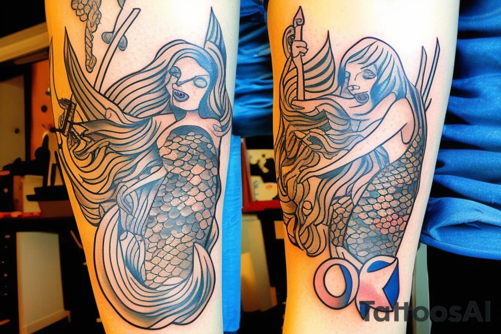 Mermaid with trident American traditional tattoo idea