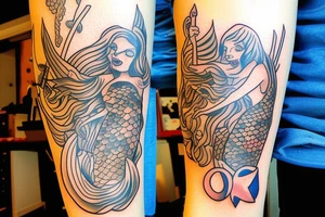 Mermaid with trident American traditional tattoo idea